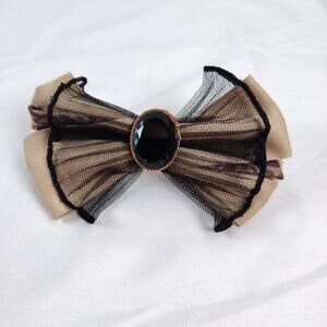 Vintage Dark Romantic Tulle Bow Barrette Made in France Glass Stone